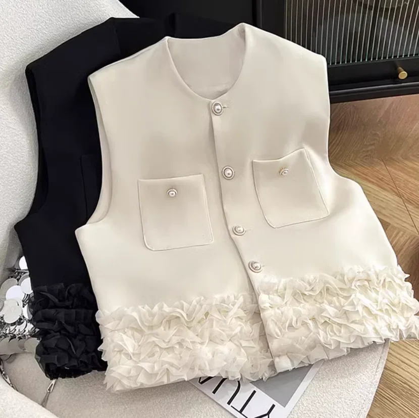 Único breasted feminino 2025 verão novo colete de renda branco preto casacos