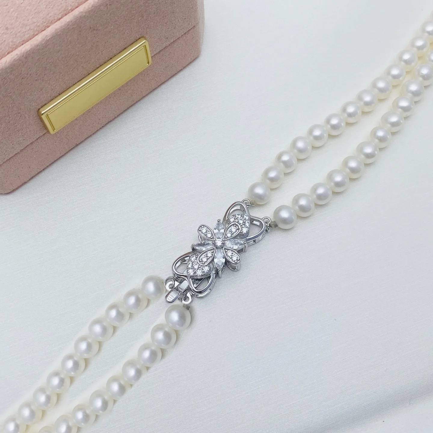 

925s silver double breasted necklace AAA7-8mm natural Japanese round pearl necklace 18-20inch