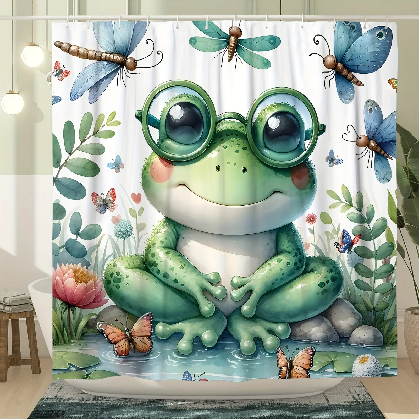 

Fantastical Frog Shower Curtain - Colorful Amphibians with Flowers Hanging in the Living Room, Bedroom Decoration