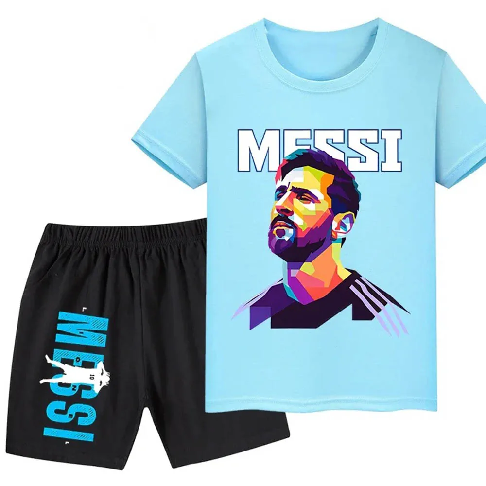 Football wear Messi printed children's tracksuit Summer Cotton T-shirt Shorts 2 piece children's wear Harajuku boys and girls