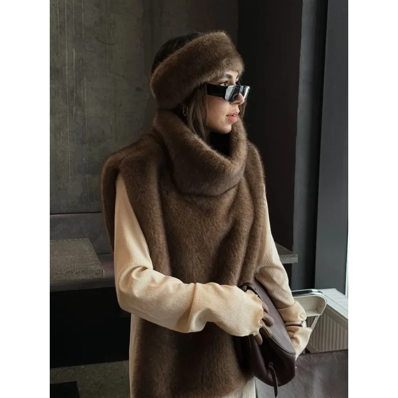 

Women Chic Stand Collar Faux Fur Vest Solid High Collar Sleeveless Loose Waistcoat Casual New Lady Daily Street Short Vests