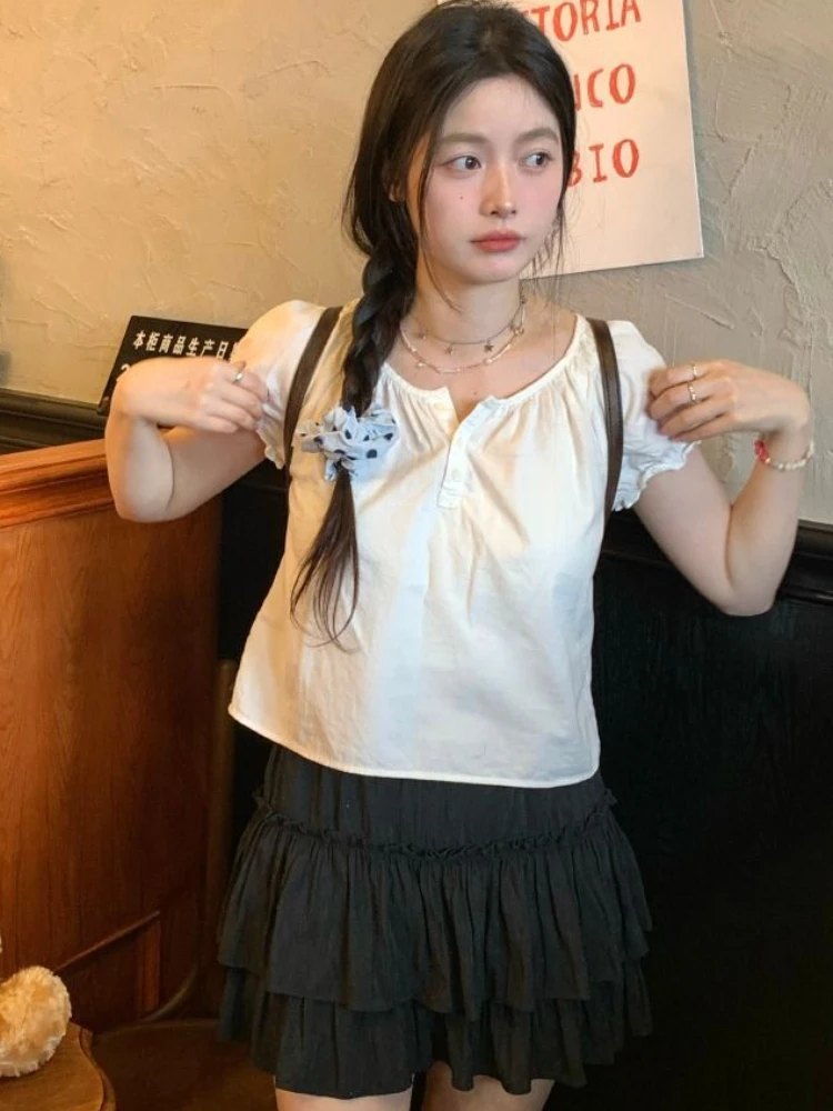 Blouse Women Summer Puff Sleeve Design Leisure All-match Princess Ladies Tender O-neck Daily Students Hotsweet Fashion Ulzzang