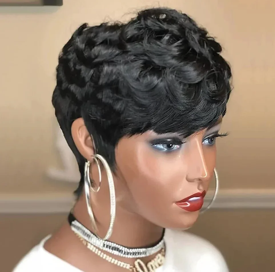 Short  Black Pixie Cut Wigs for Women Black Hair Curly Wave Wig with Bangs Multi-Color headband Synthetic Wigs Pelucas Hair