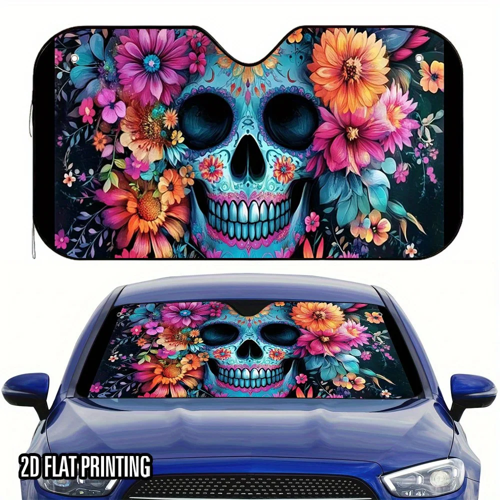 1pc 2D Flat Colorful Skeletons And Flowers Print Car Sunshade – Stylish And Efficient, Keeps Your Vehicle Cool, Includes 4 Sucti