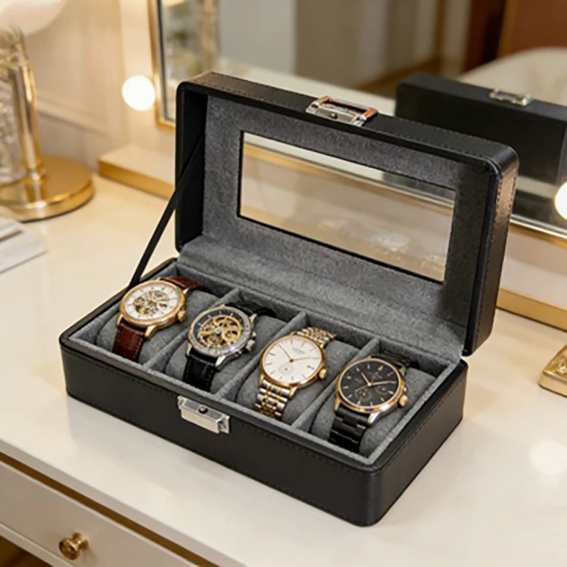 1 PC 4-Grid Watch Box, Dustproof with Transparent Window, Watch Display and Storage Box for Men and Women