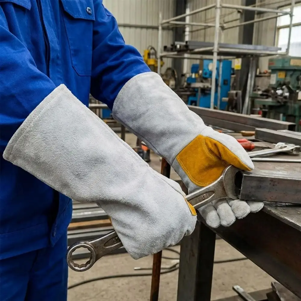 Soft Leather Heat Resistant Gloves Durable Thick Cowhide Leather Gloves Stretchable Wrist Heat Insulation Welding Gloves