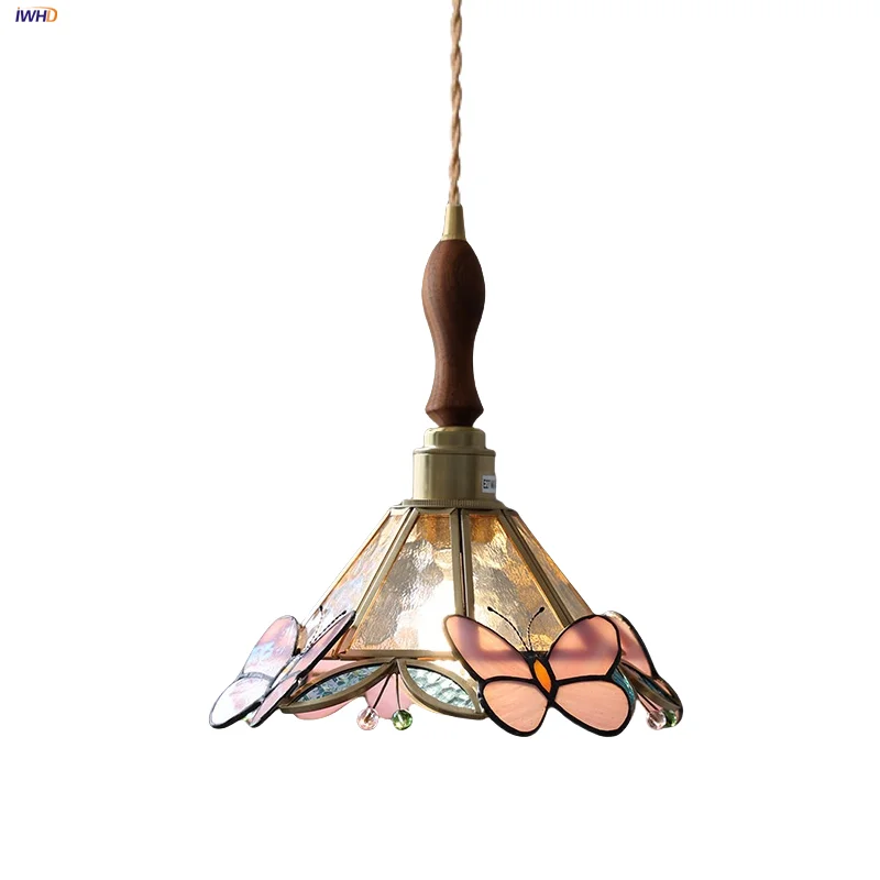 

IWHD Butterfly Glass Flower LED Pendant Lamp Bedroom Kitchen Aisle Tiffany Style Wire Adjustable Walnut Hanging Lamp Hanglampen