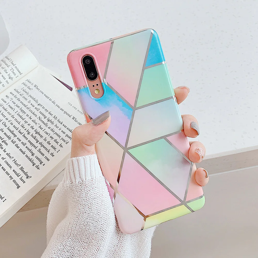 50pcs Plating Geometric Marble Phone Case For Huawei P40 Pro P30 P20 Lite Pro Mate 30 20 Lite Glossy Soft IMD Phone Back Cover