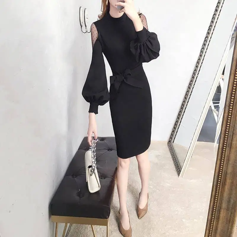 Woman Dress Midi Dresses for Women Cover Up Clothes Turtleneck Crochet Knee Length Solid Sexy Daring Over The Shoulder Knitted