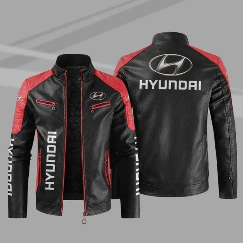 HYUNDAI Logo  Fleece Fur Leather Jacket Men Winter Fashion Zipper Straight Hem Formal Casual Coats Bomber Leather Jacket