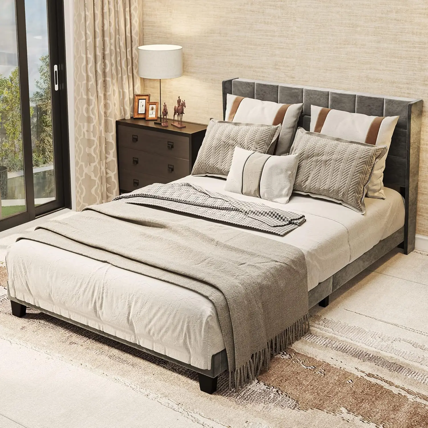 Upholstered Bed Frame, Platform Bed Base with Grey Velvet Square Tufted Headboard