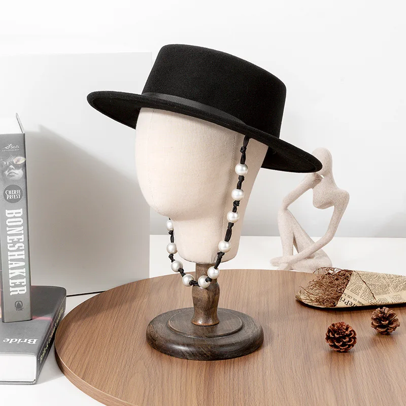Ladies Wool Fedora Pearl Flat Top Wool Cap Unisex French Elegant Zip Design Hat Jazz Cap Wide Brim