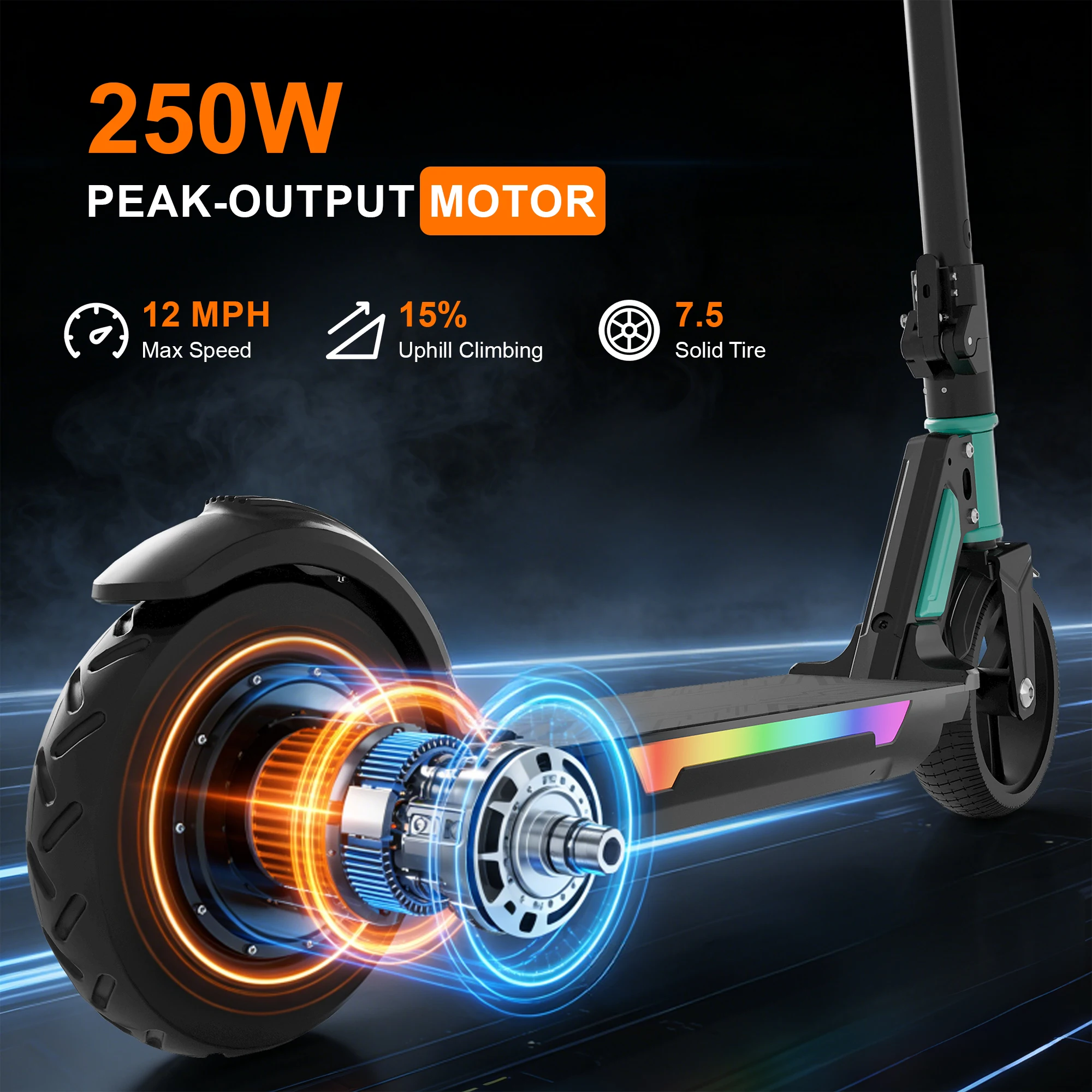 Commugo Foldable Electric Scooter for Kids Ages 8+, Teens , 250W Motor up to 12 MPH, 10 Mile Range, UL2272 Certified, Rainbow LED Lights view 2