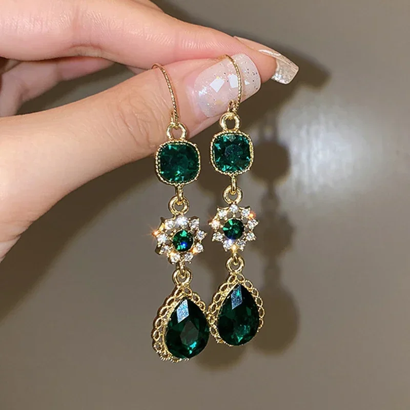 New Fashion Fine 14K Real Gold Plated Emerald Crystal Flowers Drop Earrings for Women Girl Hook Type Jewelry AAA Zirconia