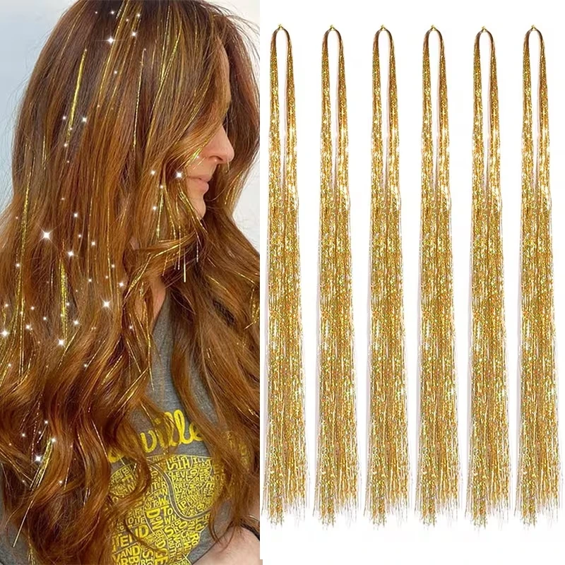 6pcs/set 38Inch Long Sparkling Fairy Hair Tinsel Rainbow Extensions Suitable for Braids  Ponytails Shiny Strands Accessories