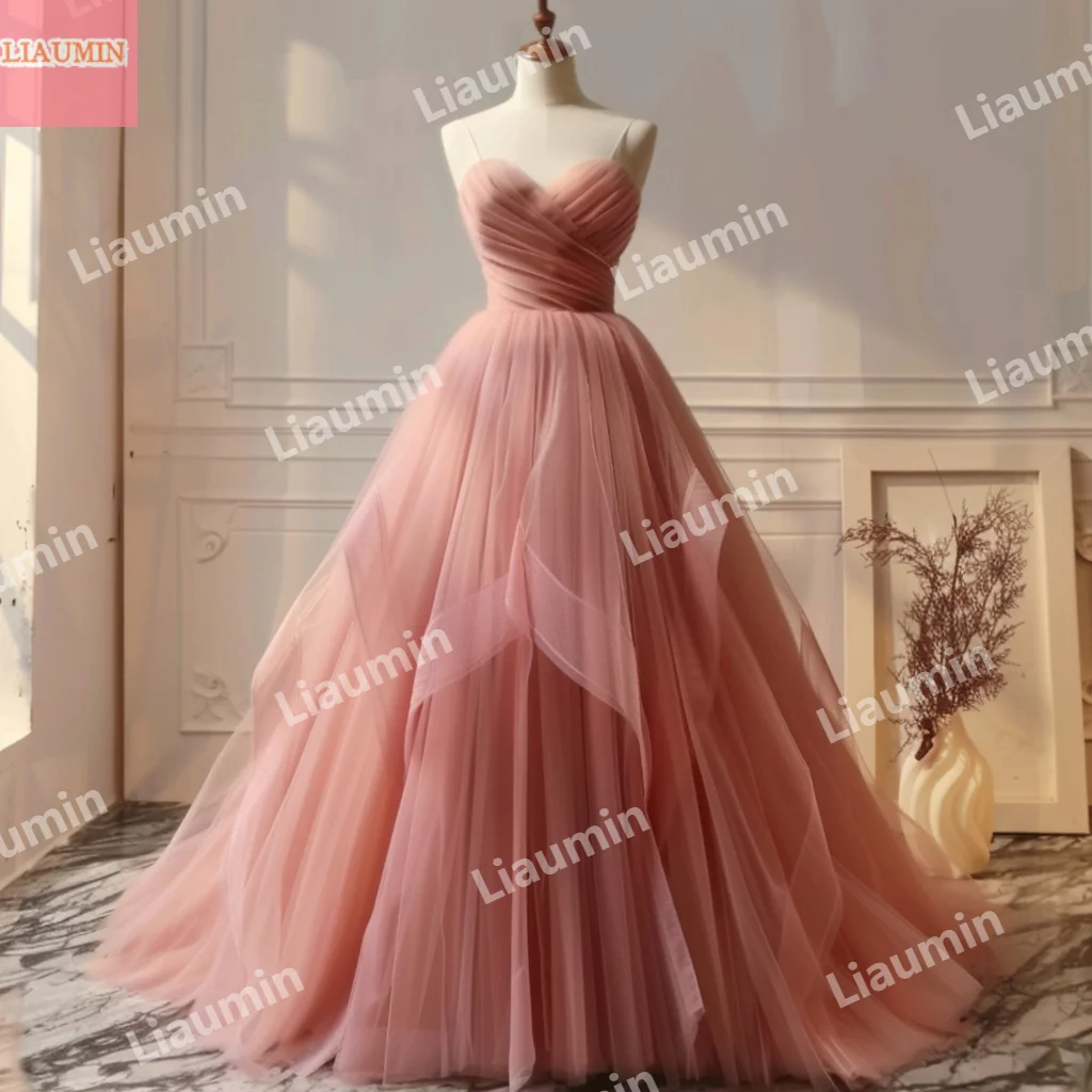 

Custom Pink Tulle Pleat Lace Up Back Tiered Summer Prom Dress Floor Length Strapless Evening Dresses Formal Clothing W15-48.3