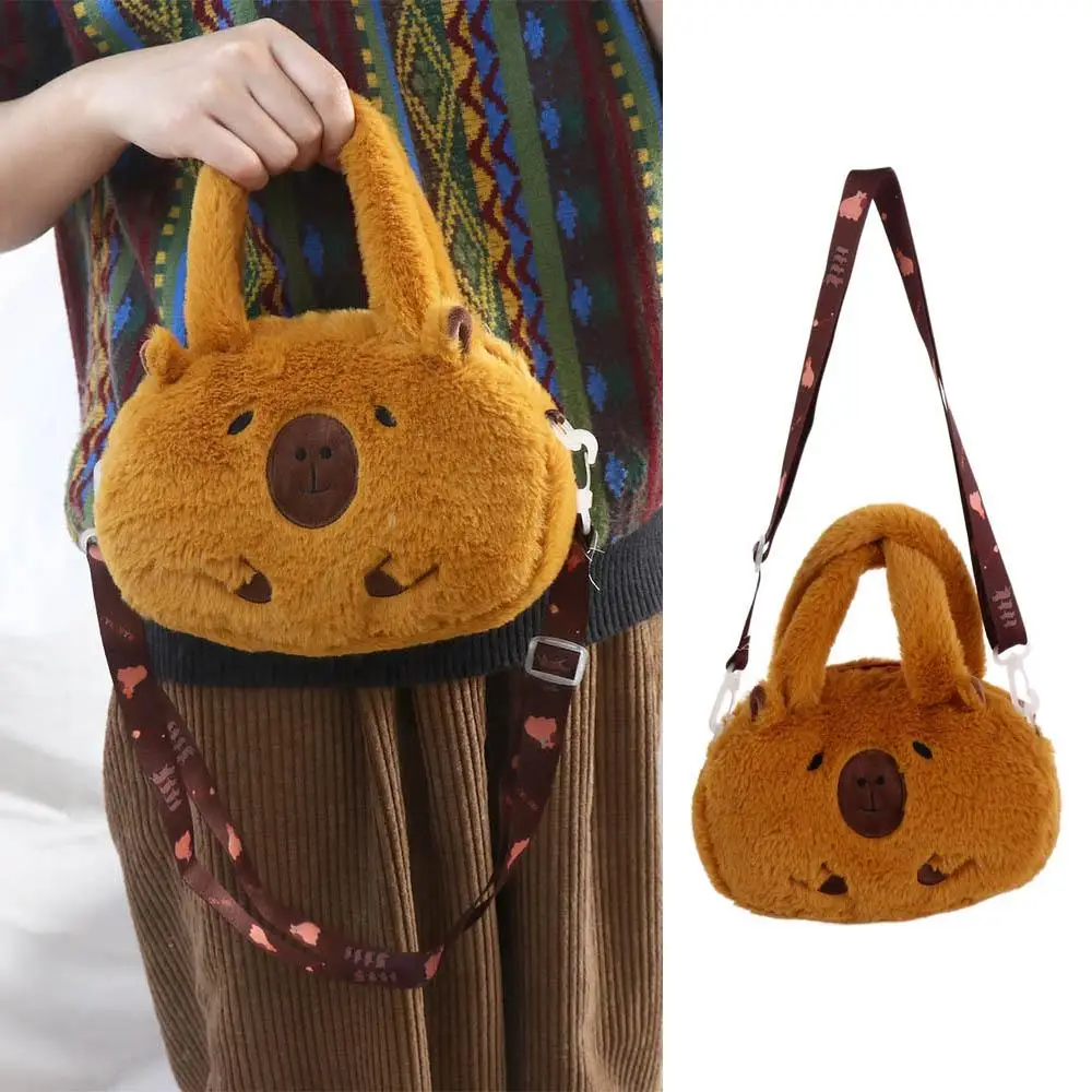 Mochila de felpa de capibara, bolso cruzado de capibara de dibujos animados de animales de gran capacidad, bolso de hombro de dibujos animados de algodón bonito