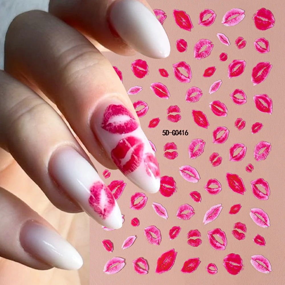 1 hoja 5D Sexy labios rojos pegatinas para uñas KISS amor corazón Día de San Valentín autoadhesivo deslizador de uñas DIY decoración romántica para uñas