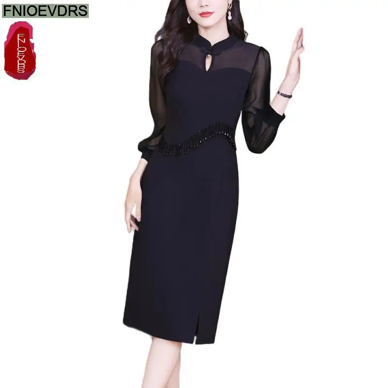 M-3XL Elegant Black Sheer Mesh Dress Women New Hot 2024 Autumn French European Style Design Vintage Retro Shirt Dresses Vestidos