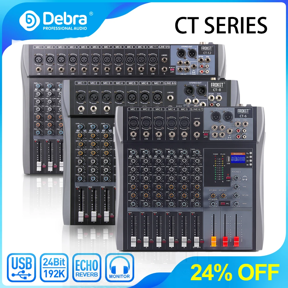 Debra Mixing Consoles Stage Audio Mixer DJ Console 6/8/12 Channels 48V 3-Band Equalisation Bluetooth Connection For Recording