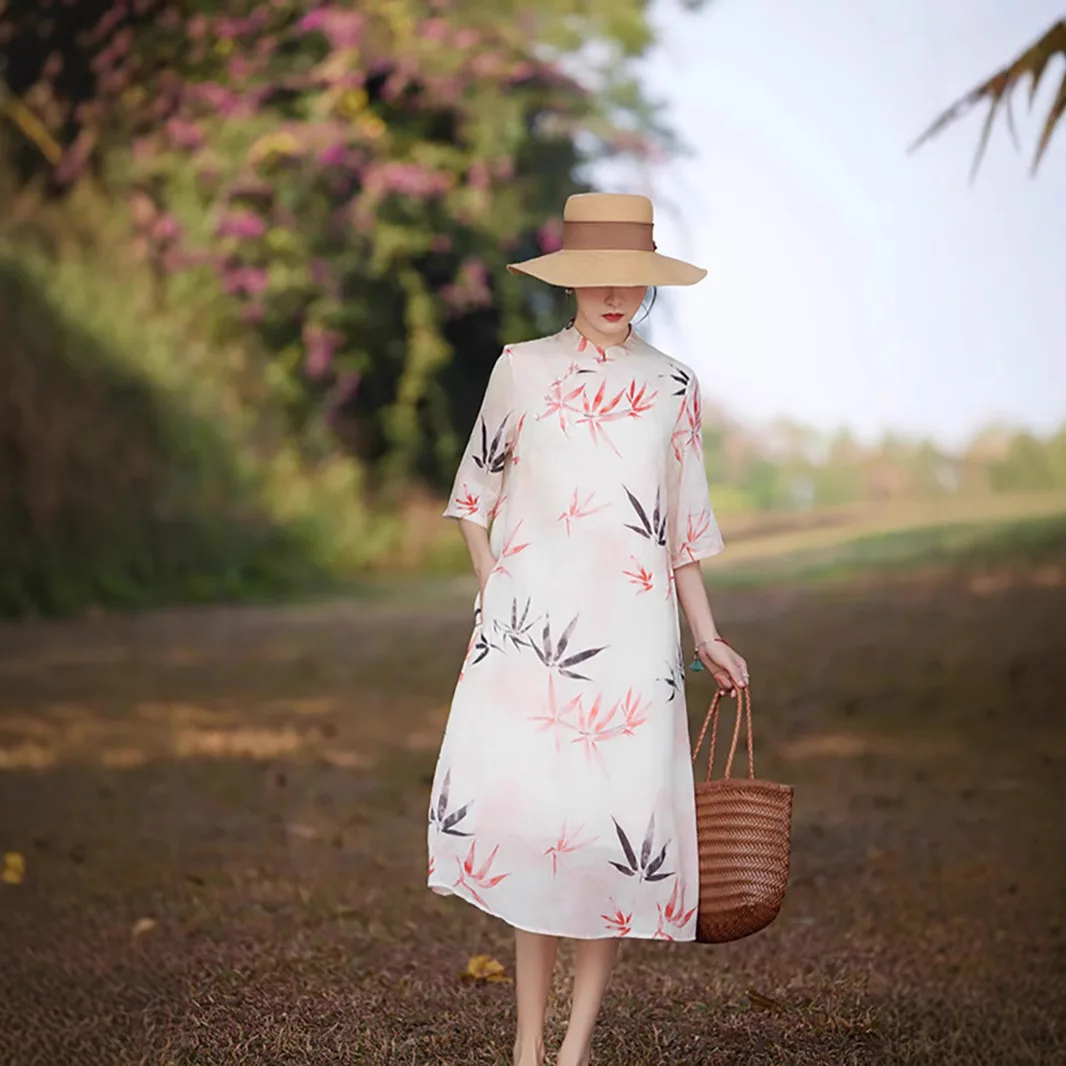 

Ramie dress, foreign style age reduction, seven-quarter sleeve stand-up collar, disc buckle printing, improved cheongsam skirt,
