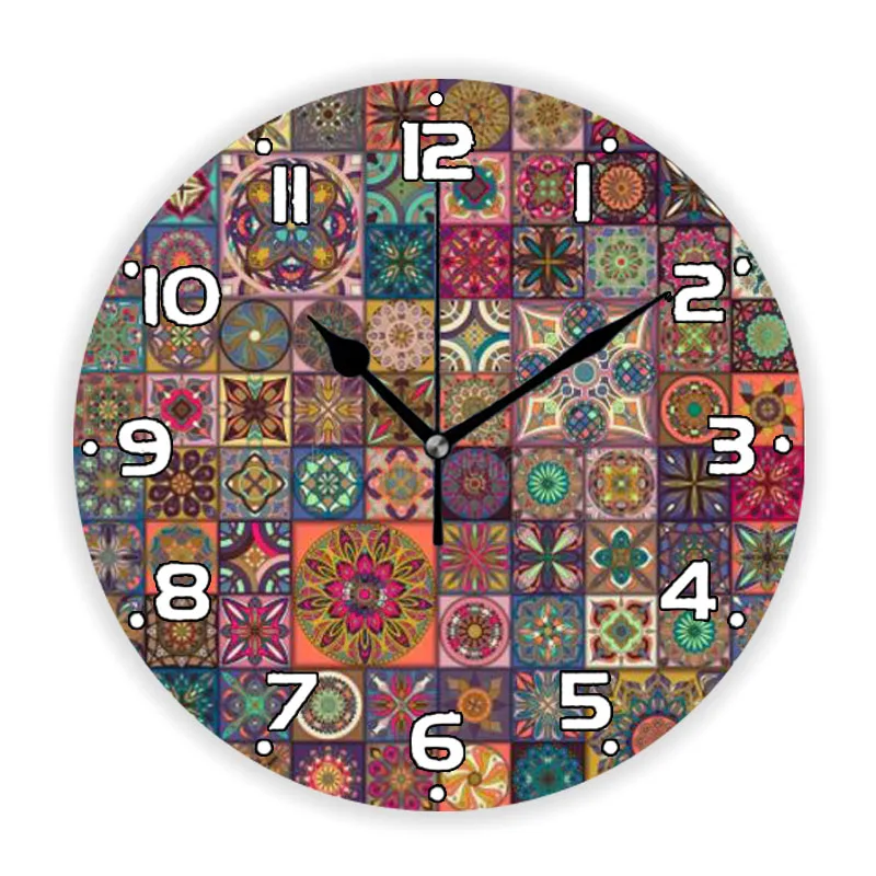 Indian Colorful Tribal Moroccan Bohemian Mandala Wall Clock for Living Room Kitchen Ethnic Mosaic Art Wall Watch Home Decor 30cm