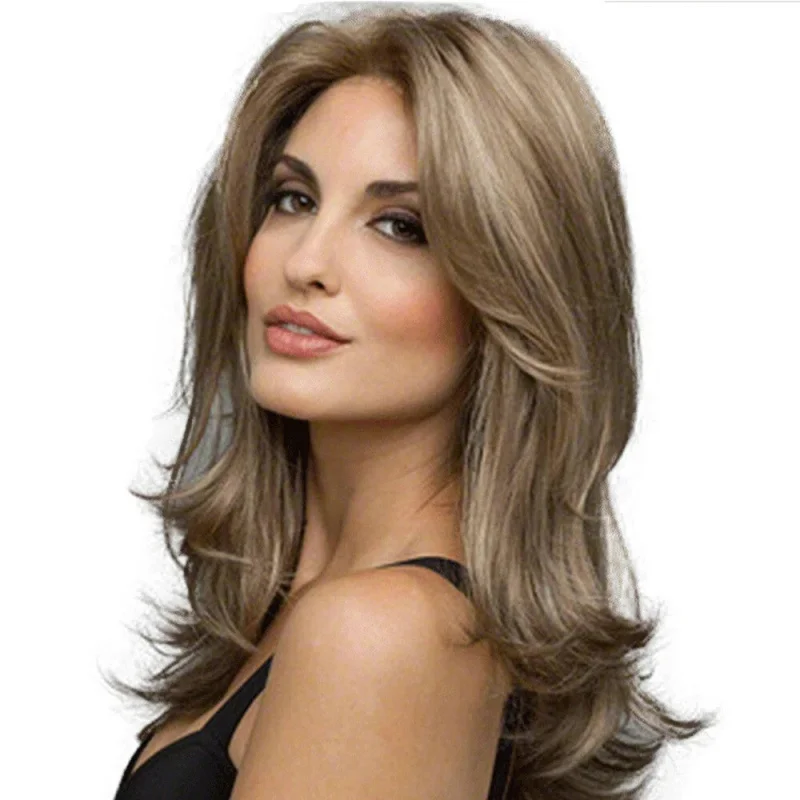 

Human Hair New Women's Long Natural Brown Blond Wavy Wig 20 Inch