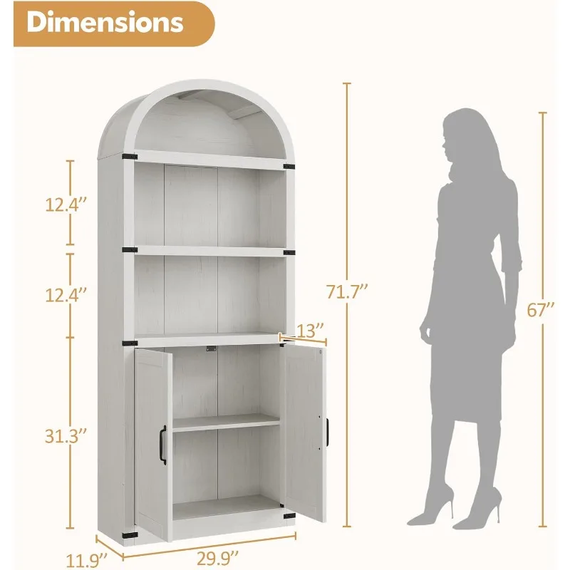 Bookcase with Doors Arched Bookshelf 71.65in Tall Farmhouse Cabinet Shelves Wooden Bookshelves for Home Office, Living Room