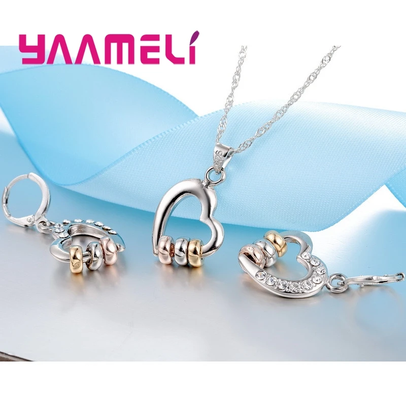 Elegant Christmas Gift Fine 925 Sterling Silver Hoop Earrings Pendant Necklace Sets Clear Shining Austrian Crystal Paved