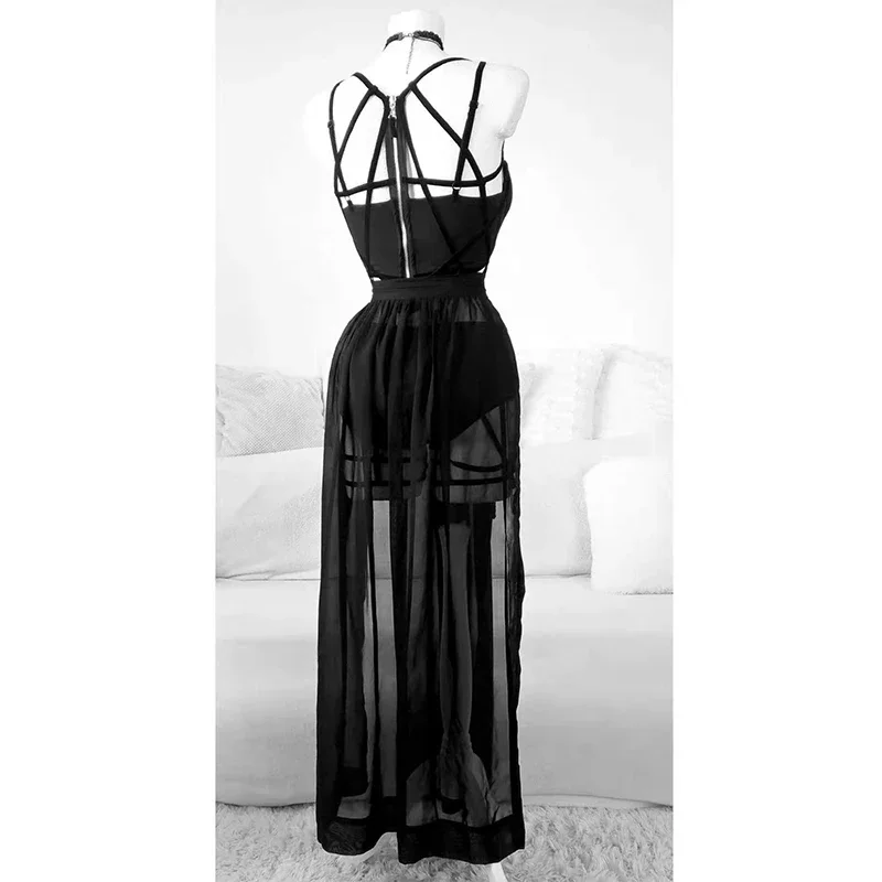 Black Three Sets Of Straps Dress With Chest Pads Women Sleepwear Erotic Lingerie Underwear Sexy Dress Hot Sexy Lingerie