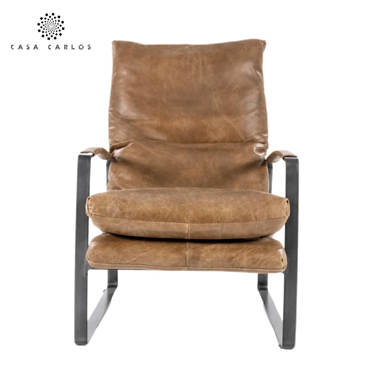 

Vintage Brown Leather Armchair With Black Metal Base Genuine Leather Lounge Chair For Bedroom Or Hotel Use