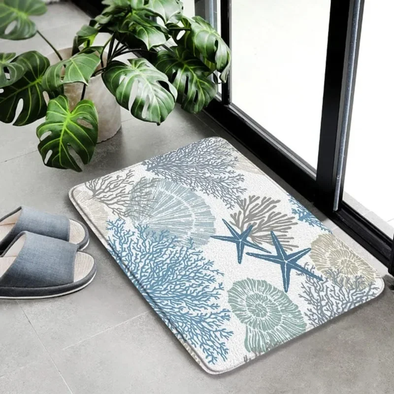 

Nautical Coastal Bath Rug Starfish Seashell Coral Beach Ocean Themed Bathroom Kitchen Flannel Non-Slip Mat Indoor Decor Carpet
