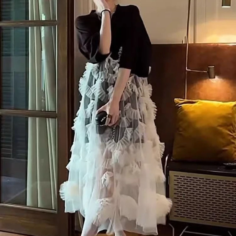 ปลอมสองชิ้นชุดฤดูใบไม้ผลิ/ฤดูร้อน 2025 ผู้หญิงผ้ากอซเย็บแขนสั้นเสื้อยืดกระโปรง