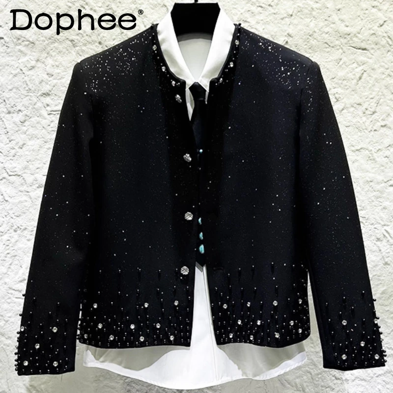 

2024, мужские осенние новые короткие стеганые куртки на плечо со стразами и бисером, мужские модные легкие роскошные маленькие ароматные однотонные пальто