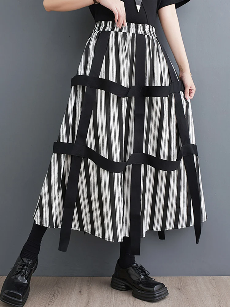 

Black Vintage Striped Spliced Ribbon High Waist Long Skirt Women Fashion Pocket Loose Casual Skirts Clothes New Summer 2023