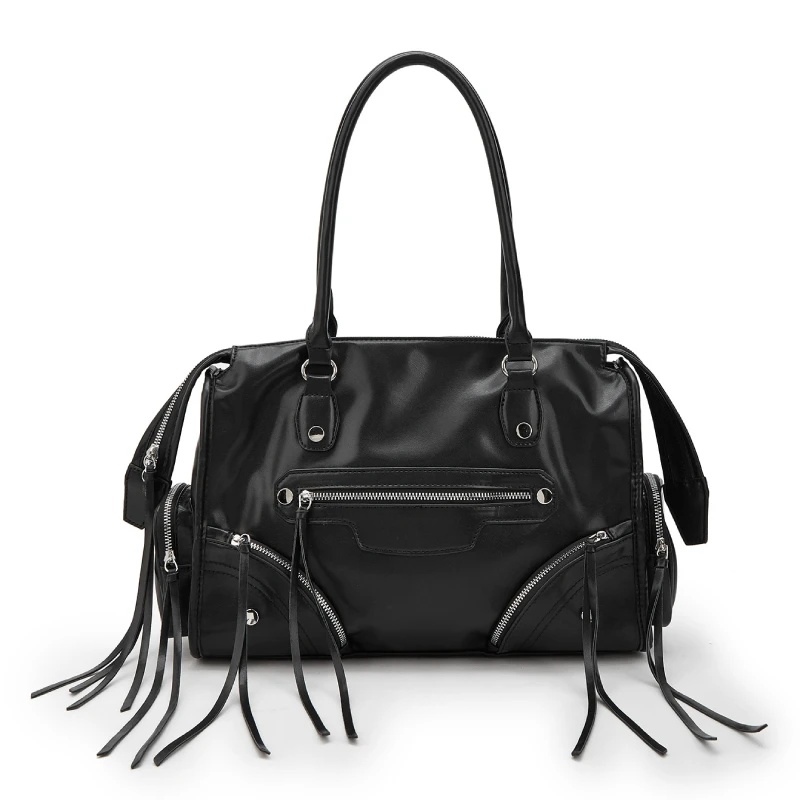 

Tassel Underarm Shoulder Bag,Motorcycle Biker Style Women Tote Bag,Korean Large Capacity Fringed Chic Top Handle Handbag,Black