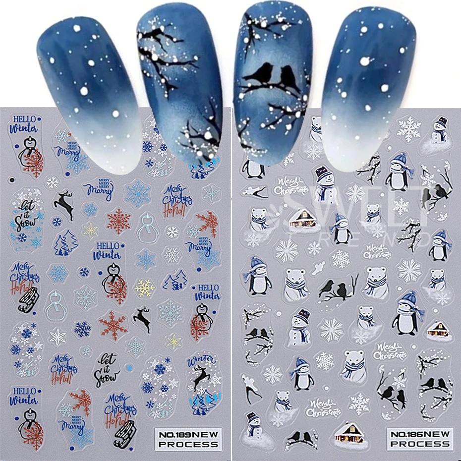 Christmas Nail Art Sticker 3D Winter Elk Snowflake Snowman Rabbit Leaves Nail Decals Self-Adhesive Sliders Manicure Decorations