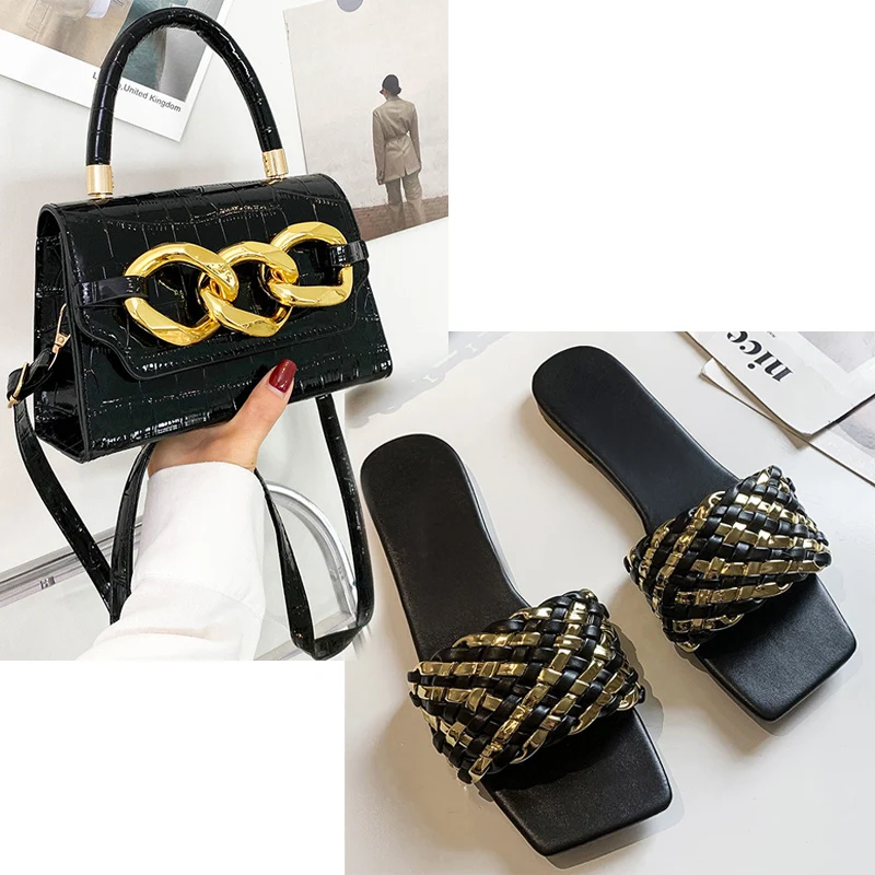 Slippers Women's New Wear 2024 New Summer Woven Flat Slippers Non-slip Sandals Fashion Chain Stone Diagonal Shoulder Bag Set