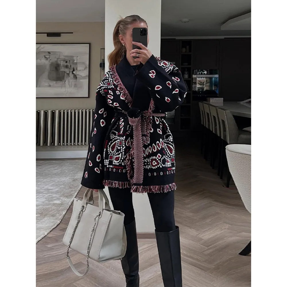 Jacquard Fringe Belted Wrap Knit Cardigan Lapel All Over Pattern Raw Fringe 2026 Autumn Winter Commute Lady Women Casual Coat
