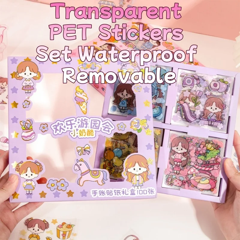

Набор из 100 прозрачных ПЭТ-наклеек: водонепроницаемые, съемные, милые, кавайные, для скрапбукинга, для девочек, не оставляющие следов