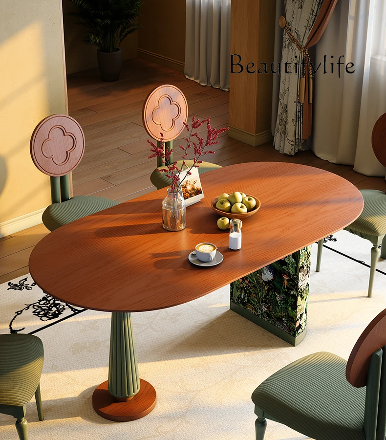 

Solid wood dining table retro high-end small apartment living room dining table antique oval dining table