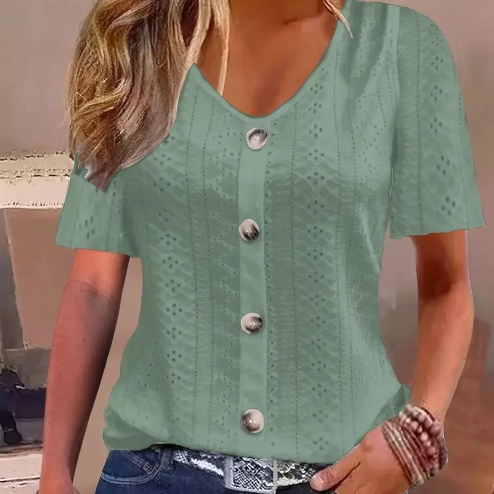 Fashion Womens Short Sleeve Tee V Neck Button Closure Jacquard Design Loose Fit Summer Casual Daily Wear Comfy Basic Top