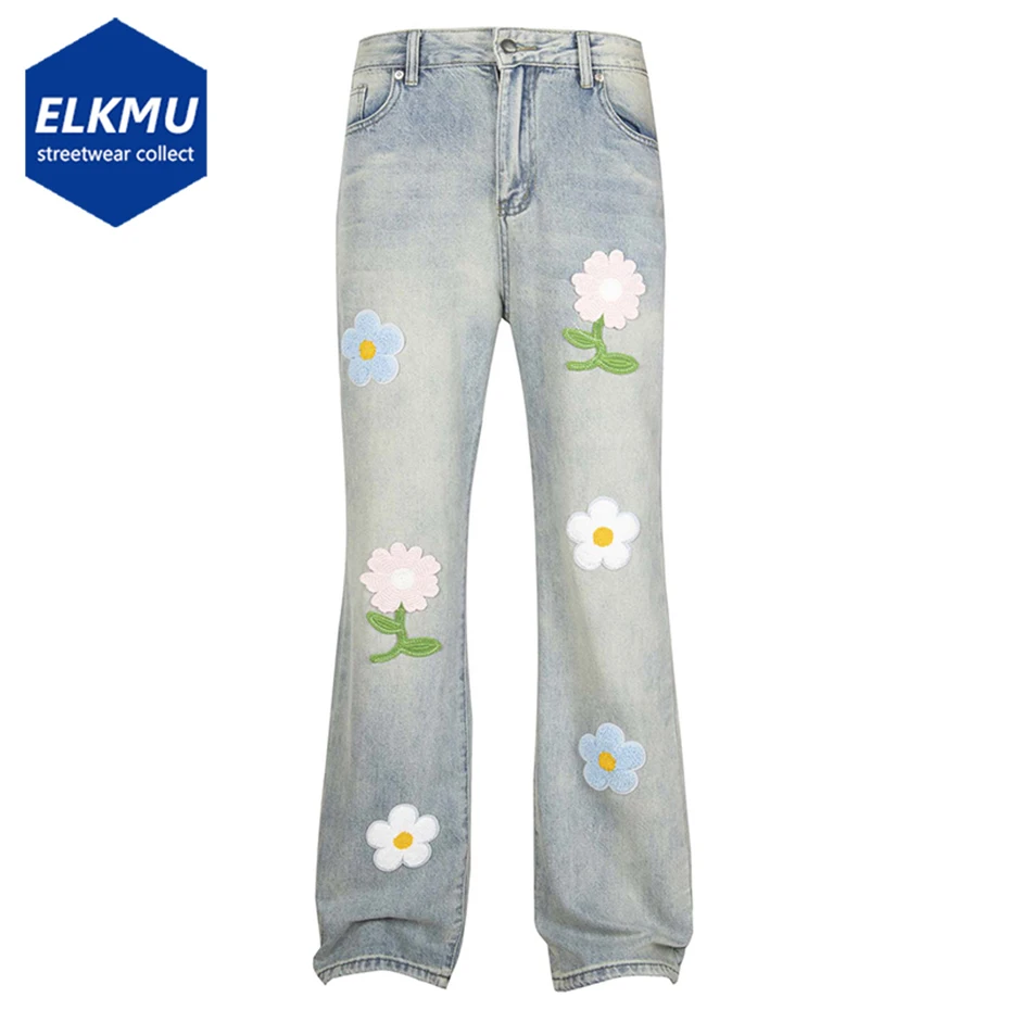 

Flower Embroidery Splicing Jeans Men's Fashion Blue Loose Denim Pants 2024 New Vintage Jeans Trousers