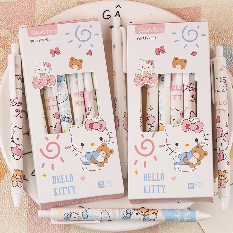 6Pcs Kawaii Sanrio Hello Kitty Gel Pen Cute Cartoon High Appearance Press Neutral Pen School Stationery Supplies Student Gifts