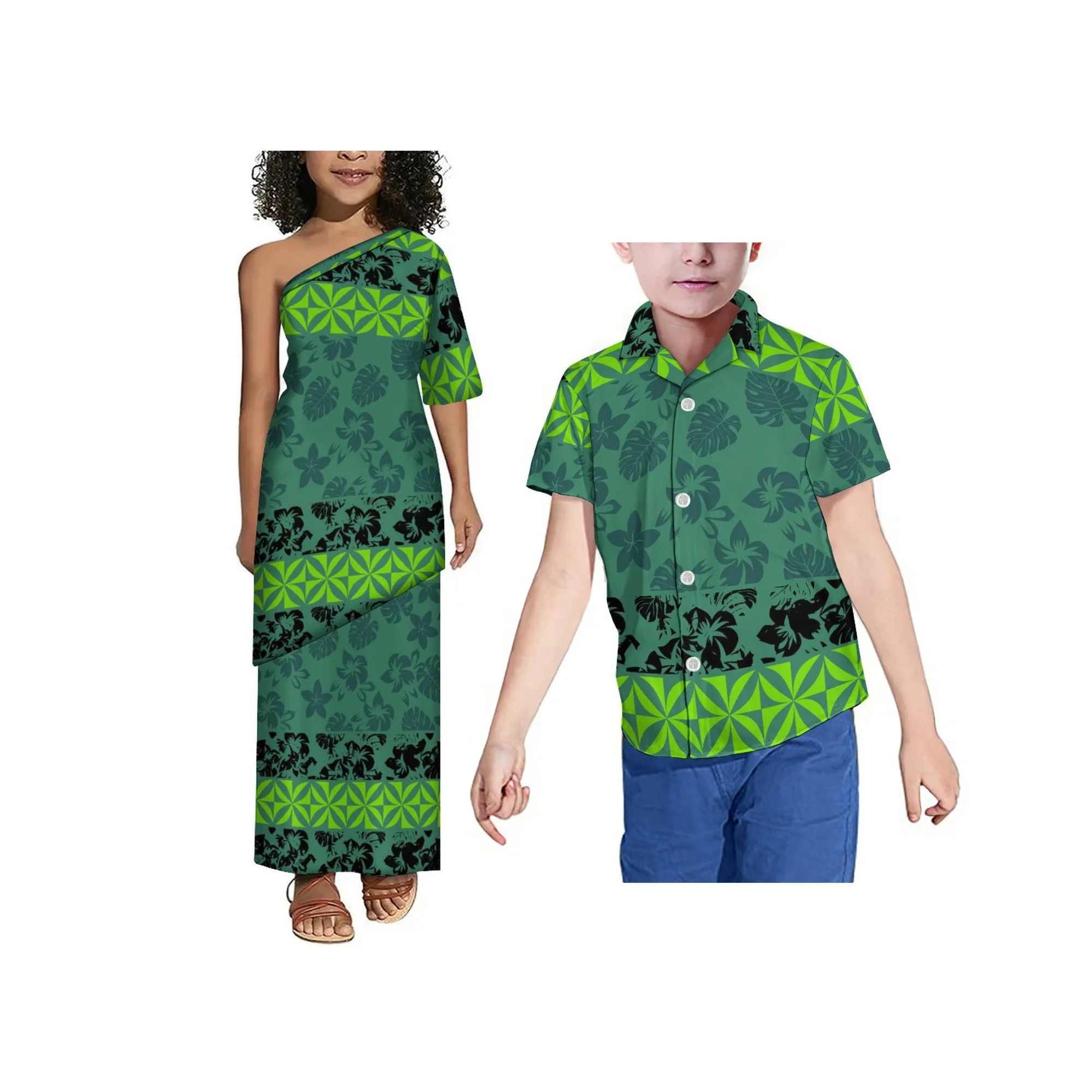 Nowy samoański wzór Polinezyjski nadruk na ramiączkach Sukienka dziecięca Puletasi Niestandardowe sukienki dla dziewczynek Top i spódnice Dwuczęściowy zestaw 2szt.