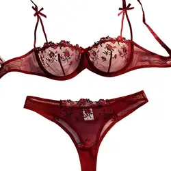 New Wine See Trough Lingerie Two Piece Set Thong Women Intimates Push Up Bras Everyday Embroidery Printing Bowknot Underwear