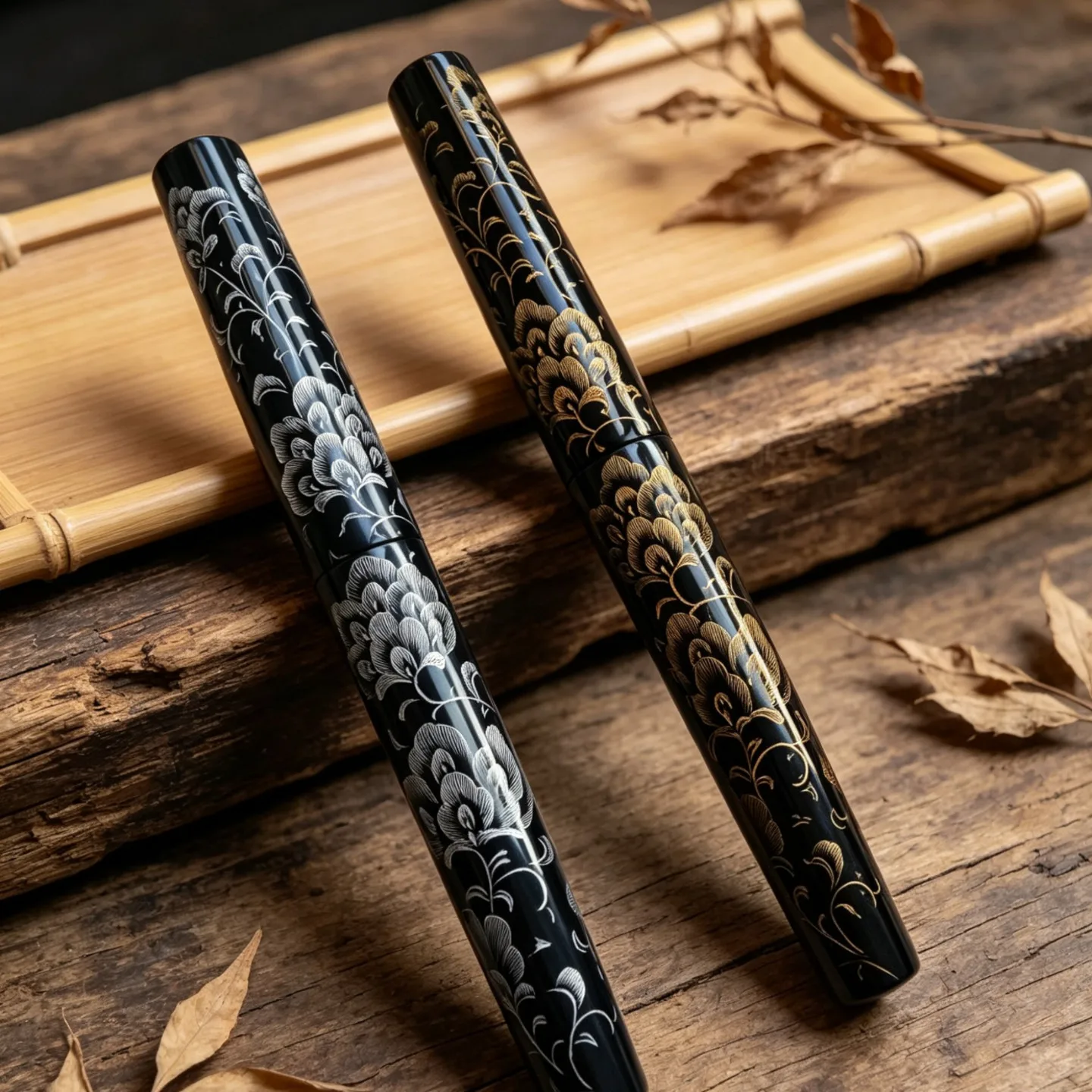 

Handmade Urushi Lacquer Fountain Pen, BOCK No.6 Fine/Medium Nib, Cumberland Hard Rubber, Hand-Engraved TANG CAO Grass Pattern