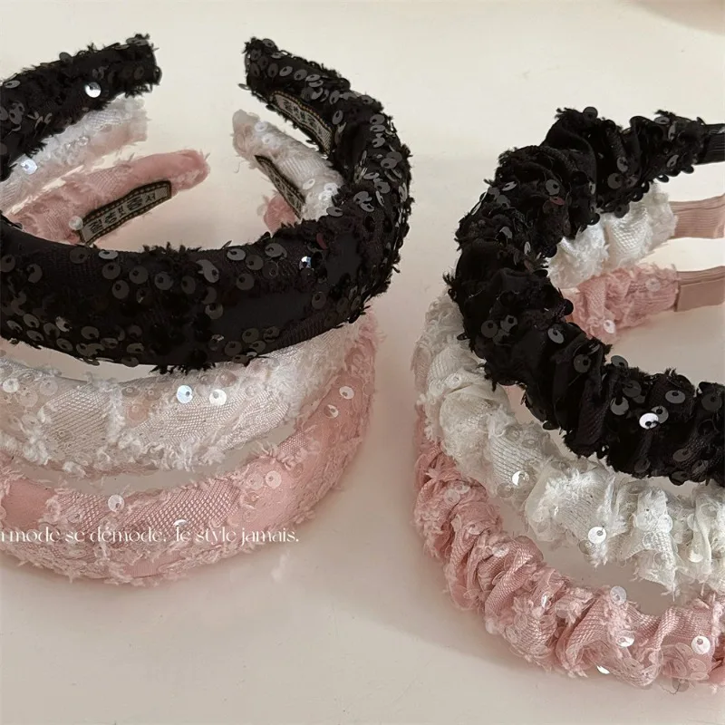 Korean Style Sequined Plush Fabric Pleated Headband Everyday Joker Sweet Headband Hair Accessories Hairhoop Texture New