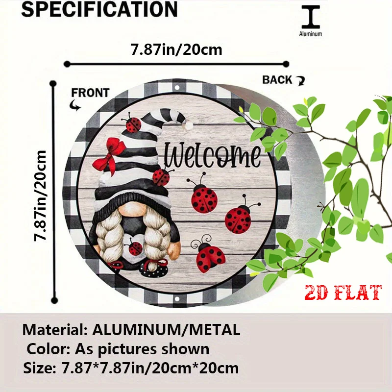 Welcome Gnome Round Aluminum Sign, Featuring a Ladybug Design, Perfect for Rustic Wall Art.