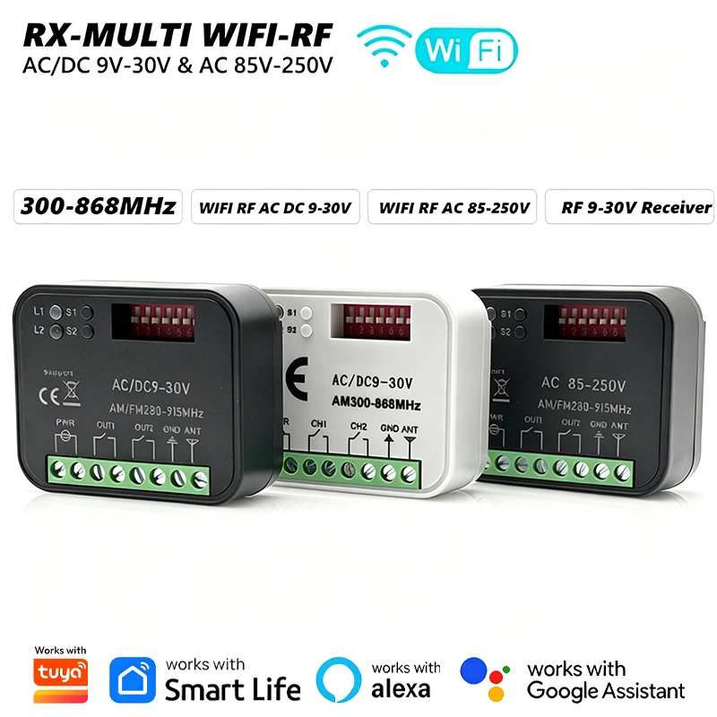 AC/DC 9-30V AC 85-250V 300-868MHz Work With Tuya WiFi Switch Universal RX-MULTI Garage Door Gate Remote Control Receiver